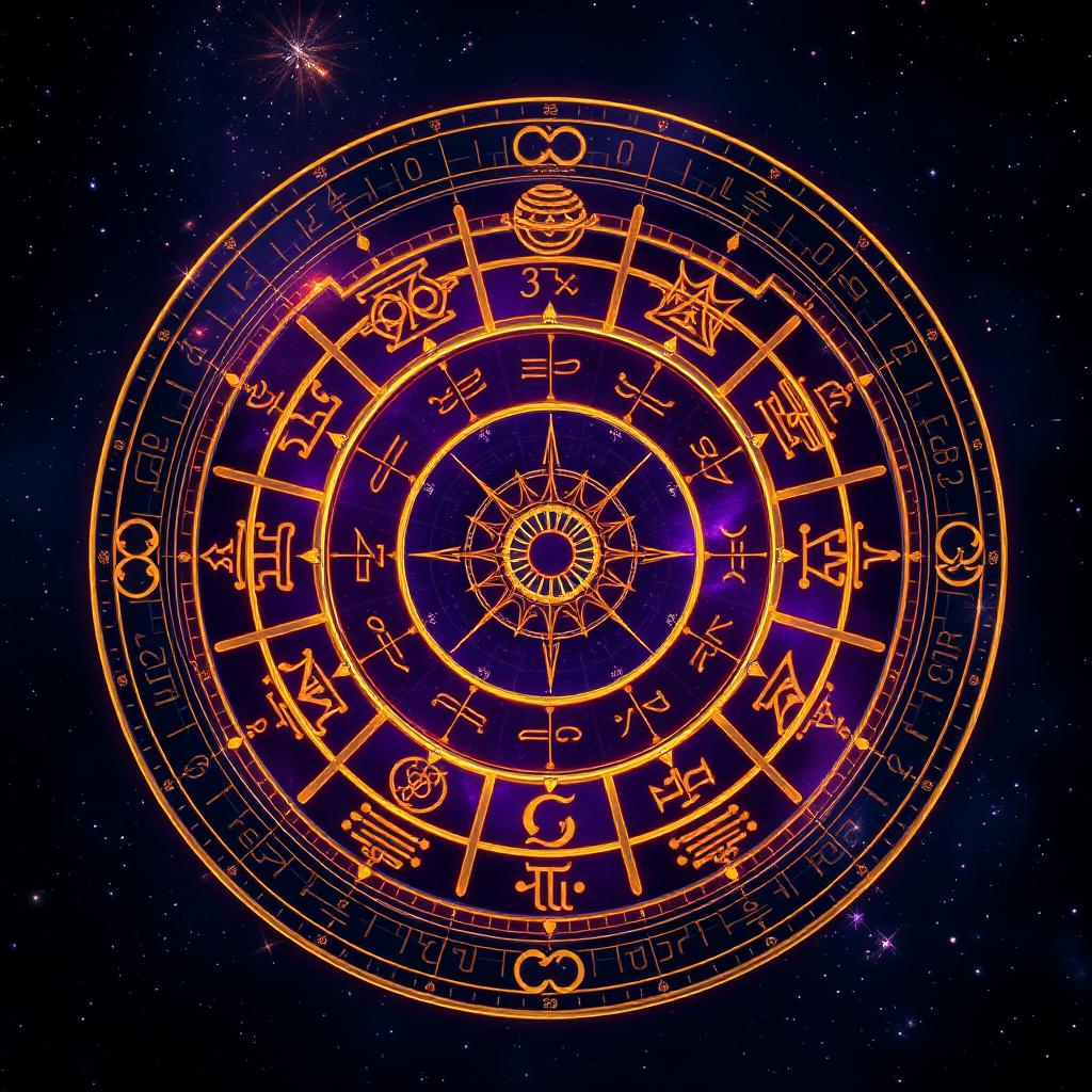 Illuminated natal astrology chart in a starry sky