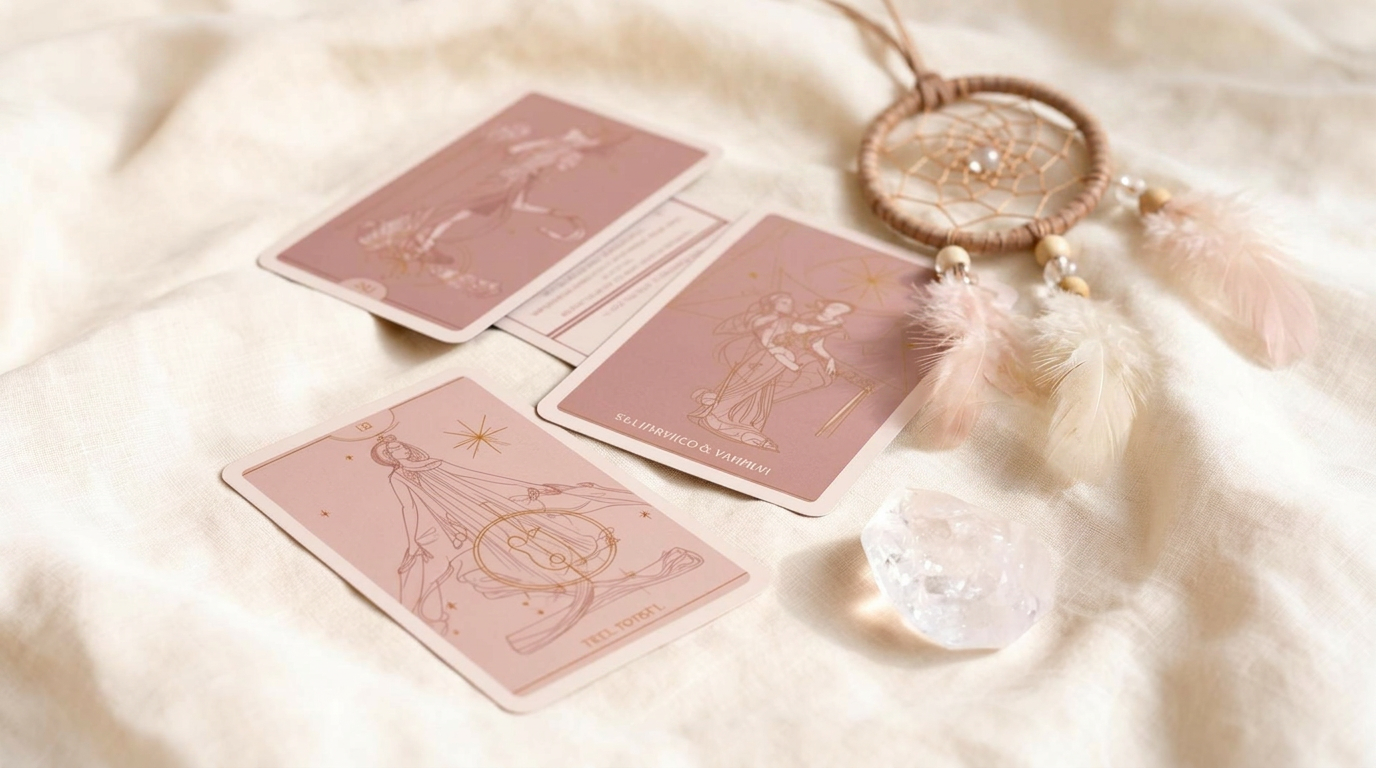 Tarot cards, crystals and pendulum on velvet